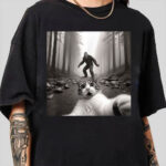 Bigfoot and Cat Selfie Graphic Tee for Men Casual Animal Shirt