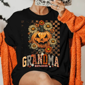 Grandma Est 2025 Halloween Pumpkin and Floral Fall Shirt