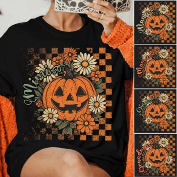 Vintage Halloween Pumpkin Floral Checkered Pattern T Shirt for Women