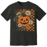 Vintage Halloween Pumpkin Floral Checkered Pattern T Shirt for Women