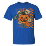 Vintage Halloween Pumpkin Floral Checkered Pattern T Shirt for Women