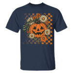 Vintage Halloween Pumpkin Floral Checkered Pattern T Shirt for Women