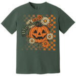 Vintage Halloween Pumpkin Floral Checkered Pattern T Shirt for Women