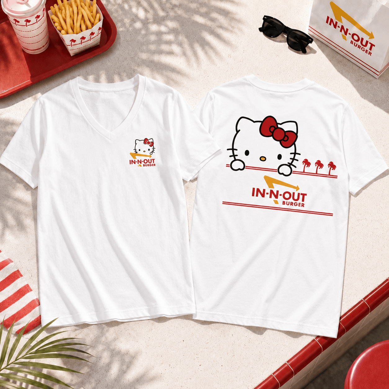 Hello Kitty X In-N-Out Burger California Vibes 3D Shirt For Men Women Cute Fast Food Graphic Tee NNK