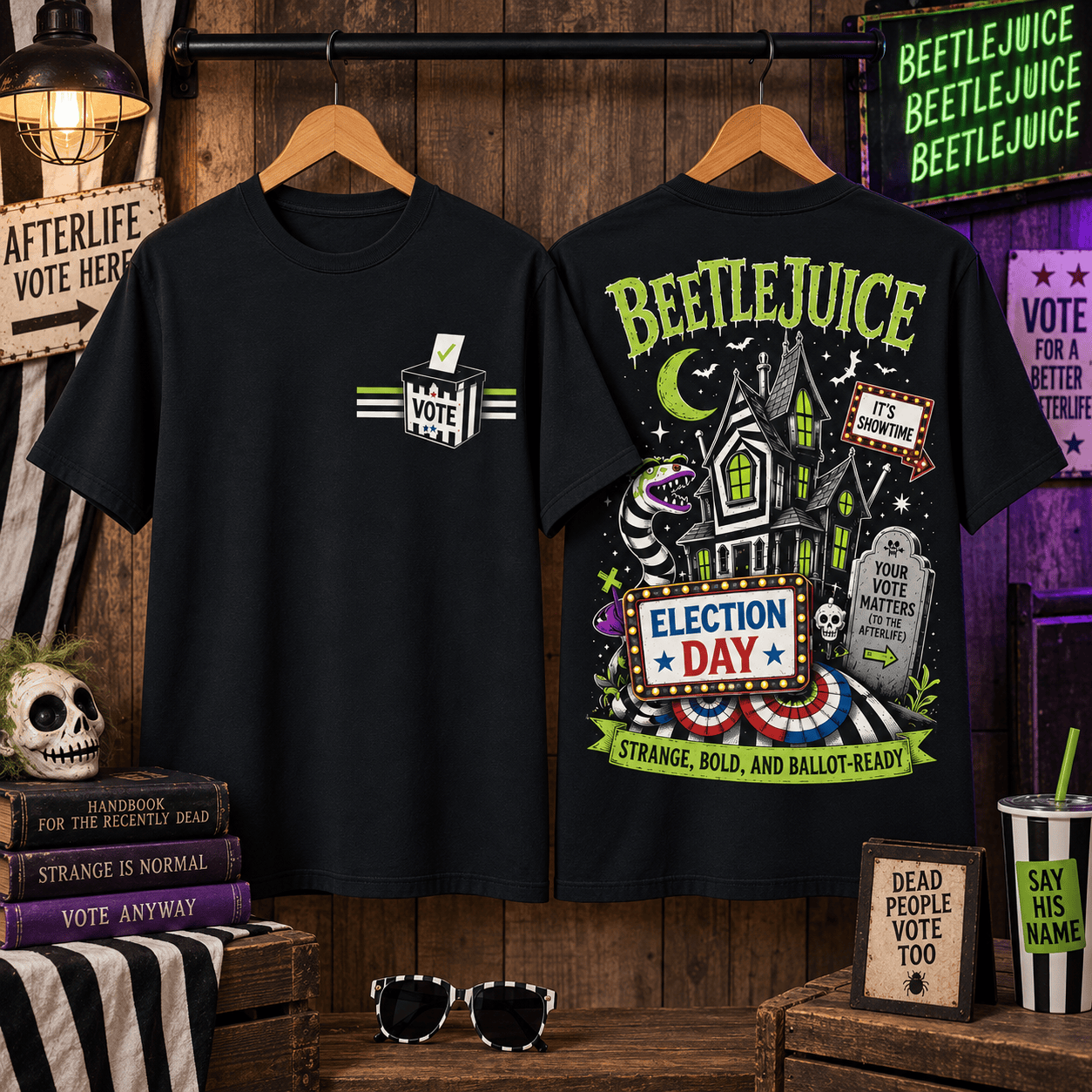 Striped Ghost House Halloween Graphic T-Shirt for Spooky Season Fans NTH1