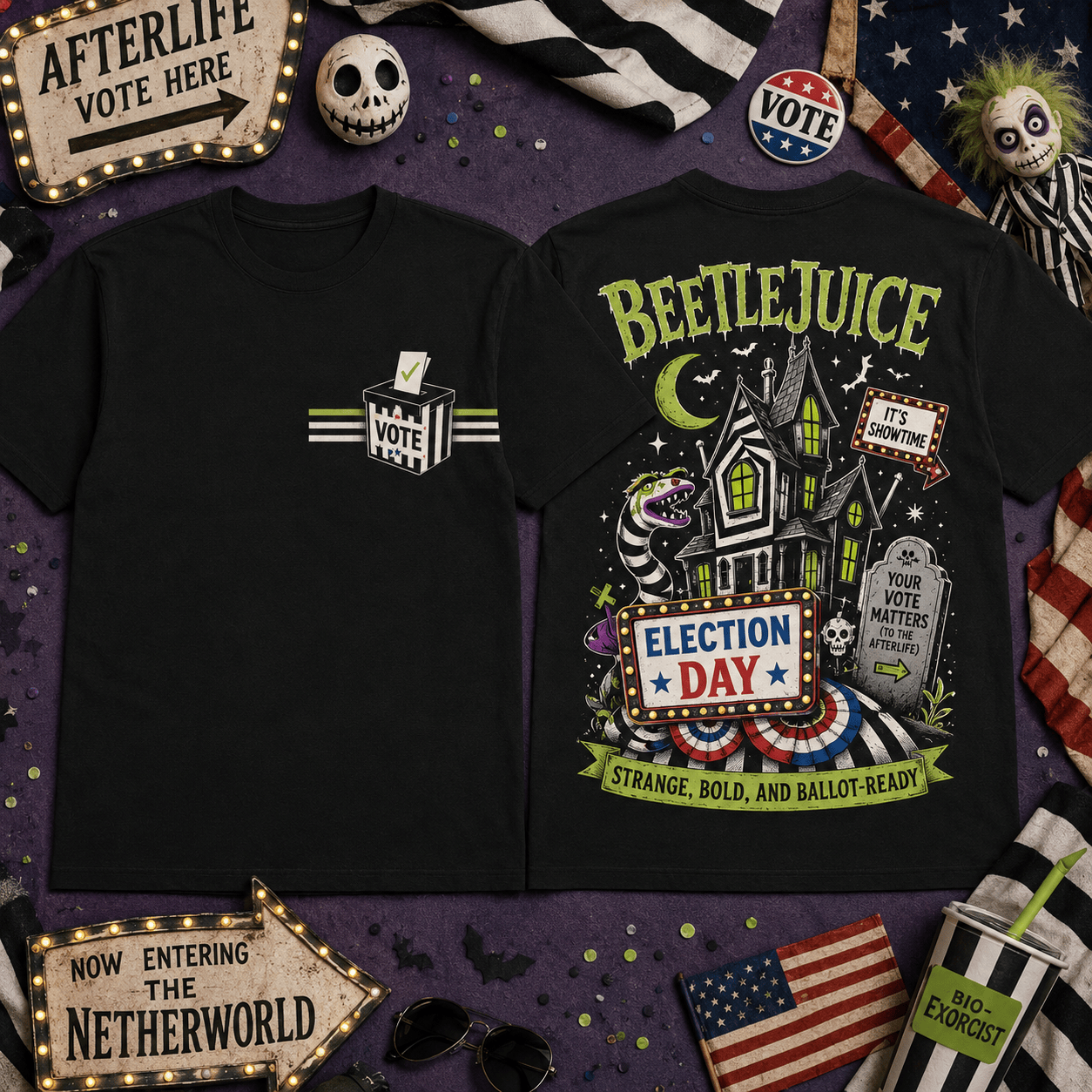 Striped Ghost House Halloween Graphic T-Shirt for Spooky Season Fans NTH1