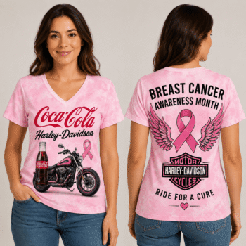 Classic Soda Bottle Pink Ribbon Motorcycle Breast Cancer Awareness V-Neck NTH1