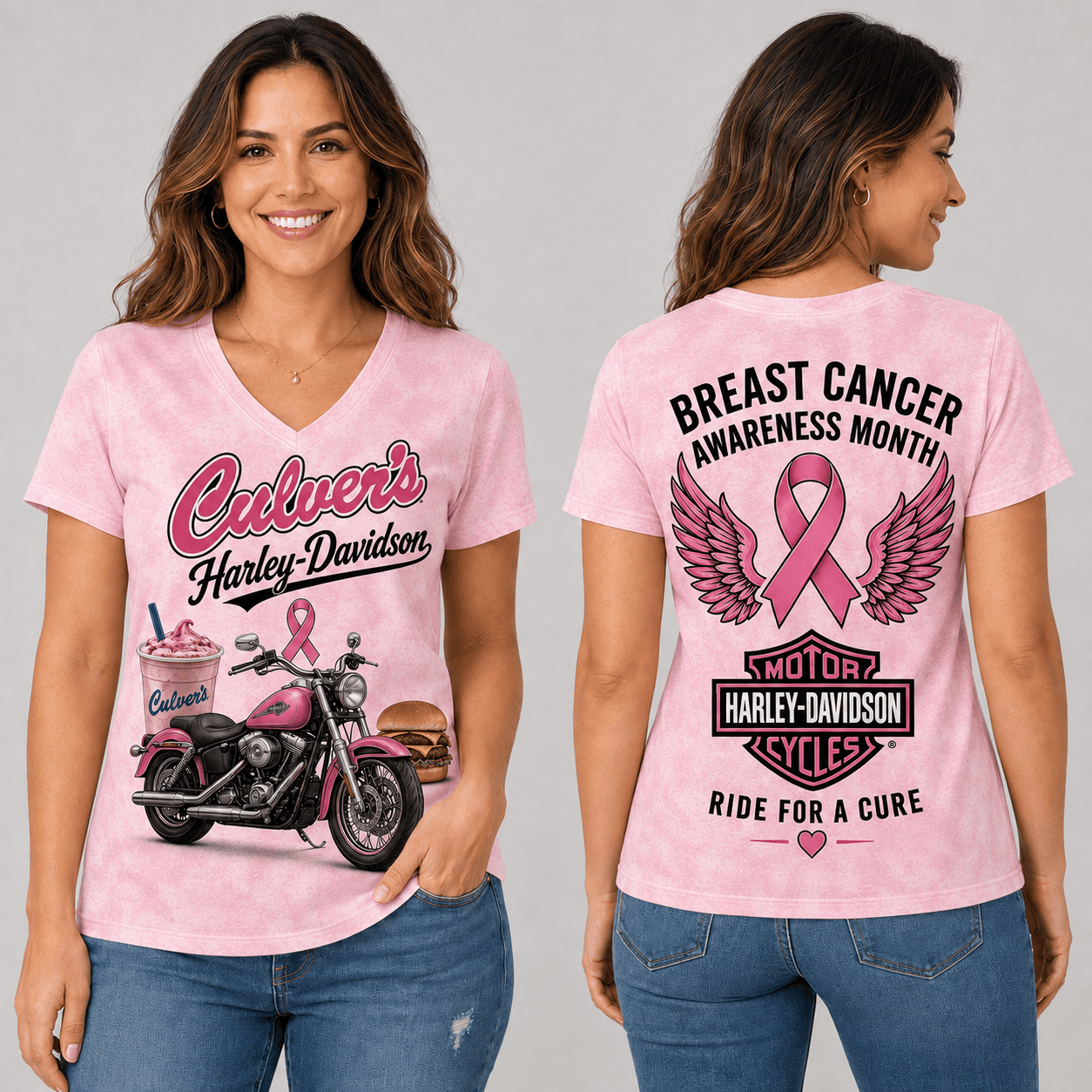 Butter Burger Shake Pink Ribbon Motorcycle Breast Cancer Awareness V-Neck NTH1