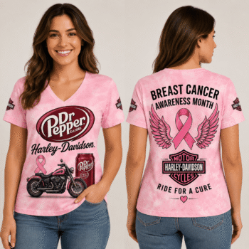 Cherry Soda Can Pink Ribbon Motorcycle Breast Cancer Awareness V-Neck NTH1