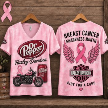 Cherry Soda Can Pink Ribbon Motorcycle Breast Cancer Awareness V-Neck NTH1