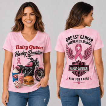 Ice Cream Burger Pink Ribbon Motorcycle Breast Cancer Awareness V-Neck NTH1