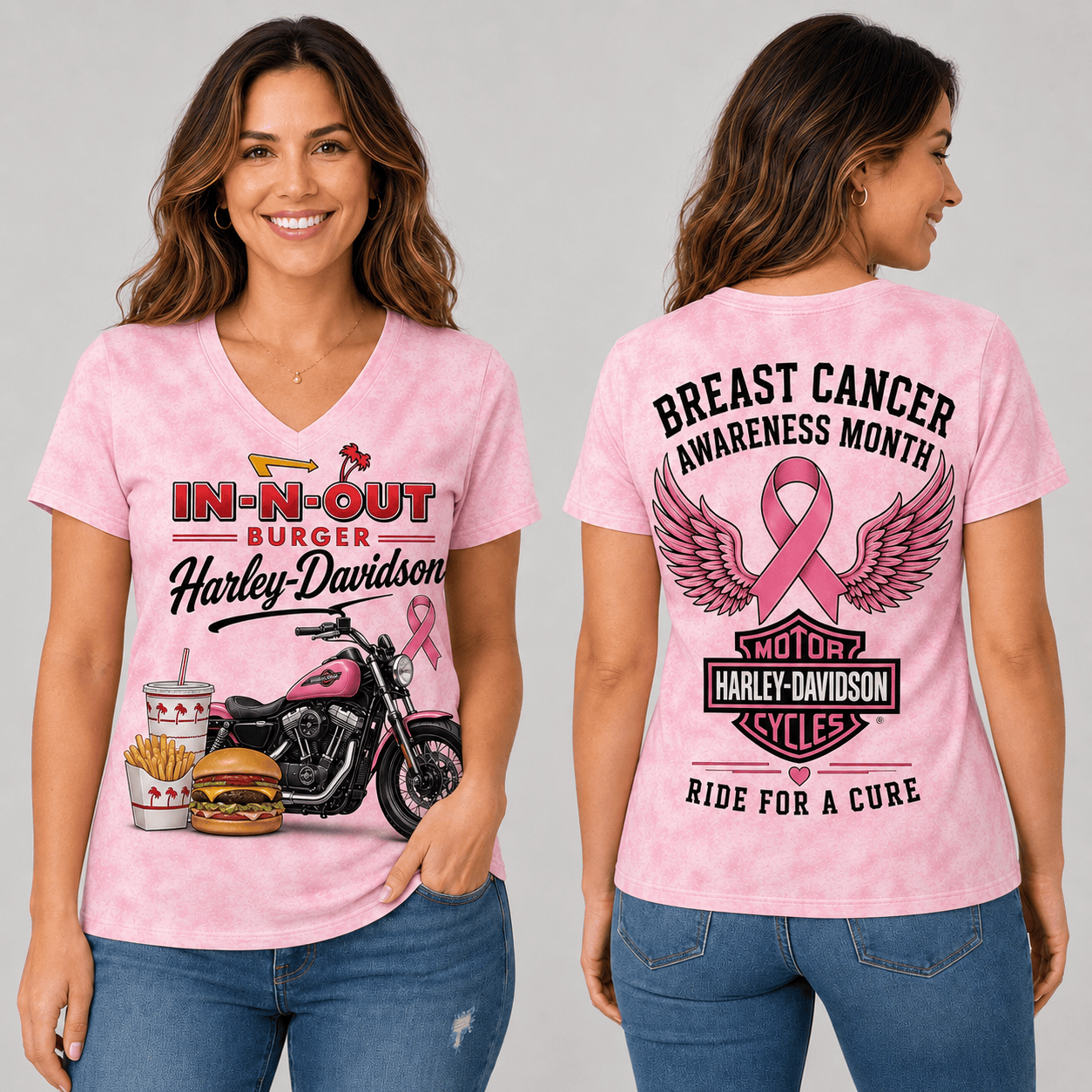 Double Burger Fries Pink Ribbon Motorcycle Breast Cancer Awareness V-Neck NTH1