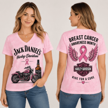 Whiskey Bottle Pink Ribbon Motorcycle Breast Cancer Awareness V-Neck NTH1