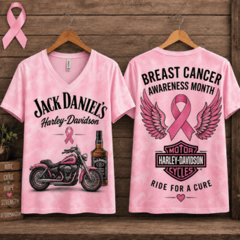 Whiskey Bottle Pink Ribbon Motorcycle Breast Cancer Awareness V-Neck NTH1