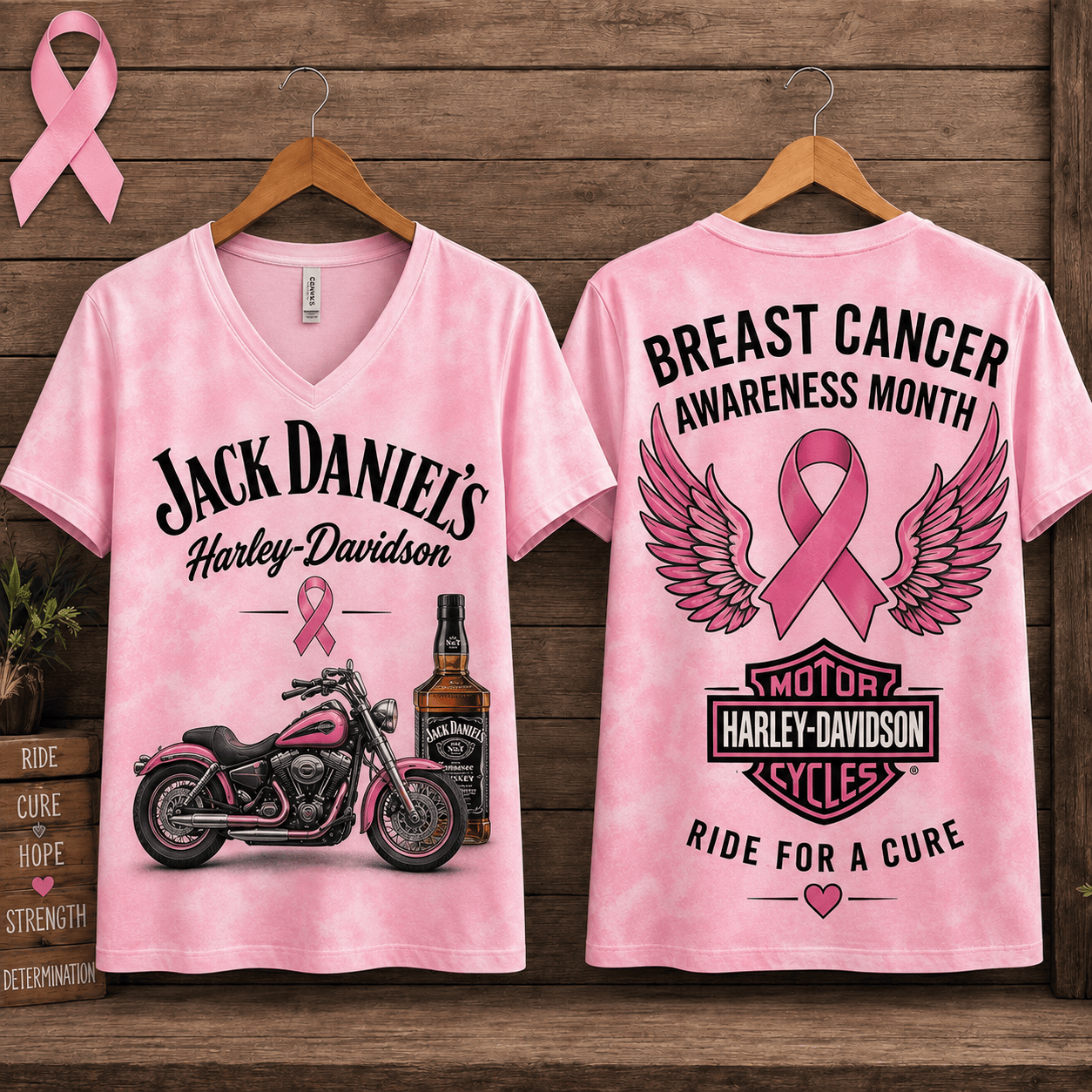Whiskey Bottle Pink Ribbon Motorcycle Breast Cancer Awareness V-Neck NTH1