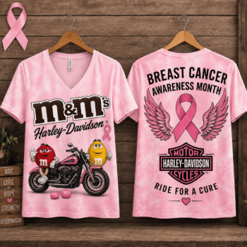 Colorful Candy Characters Pink Ribbon Motorcycle Breast Cancer Awareness V-Neck NTH1