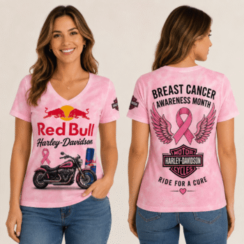 Energy Drink Can Pink Ribbon Motorcycle Breast Cancer Awareness V-Neck NTH1