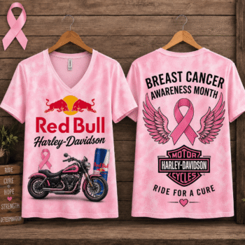 Energy Drink Can Pink Ribbon Motorcycle Breast Cancer Awareness V-Neck NTH1