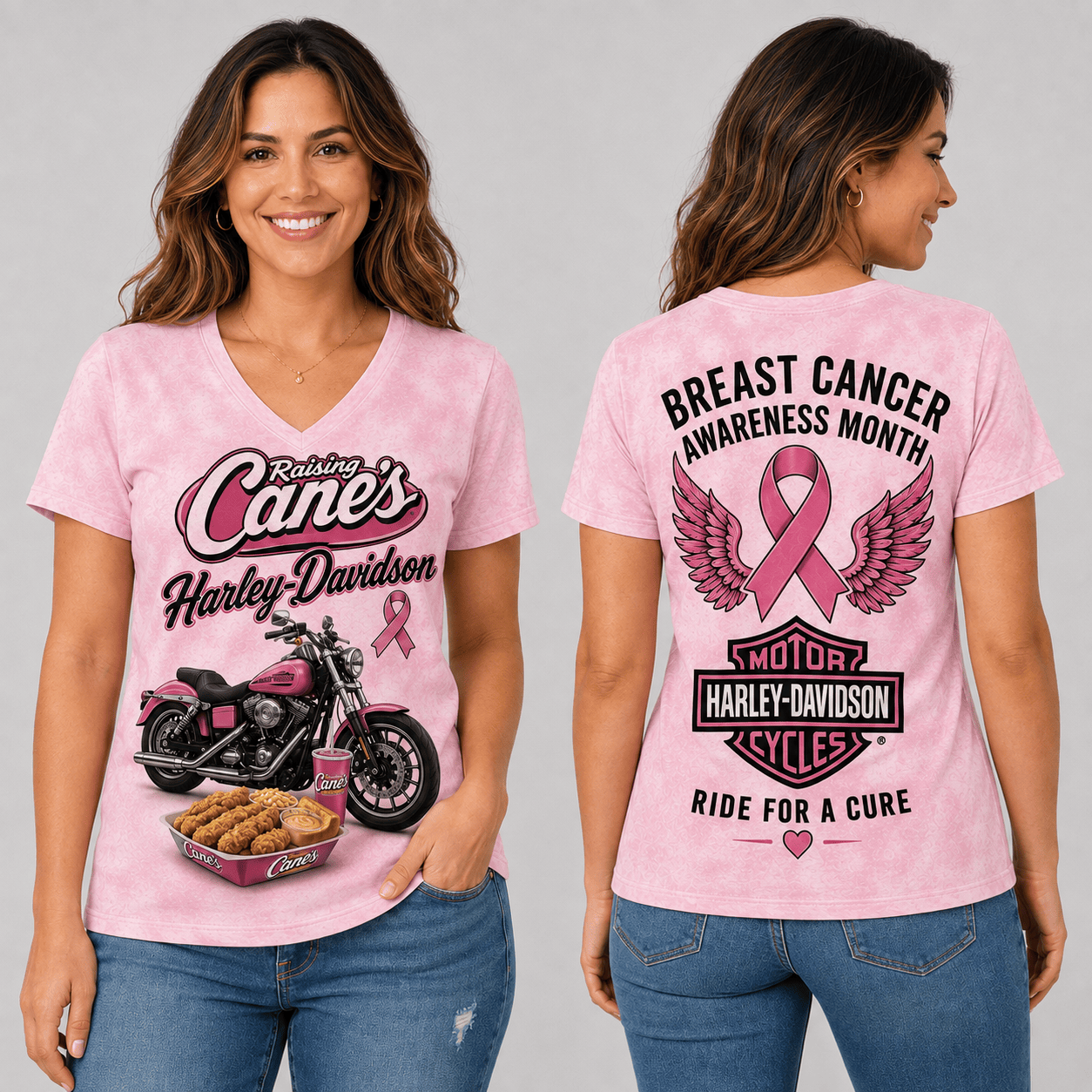 1788513654495594ce1f.png Chicken Fingers Pink Ribbon Motorcycle Breast Cancer Awareness V-Neck NTH1