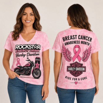 Star Energy Can Pink Ribbon Motorcycle Breast Cancer Awareness V-Neck NTH1