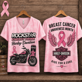 Star Energy Can Pink Ribbon Motorcycle Breast Cancer Awareness V-Neck NTH1