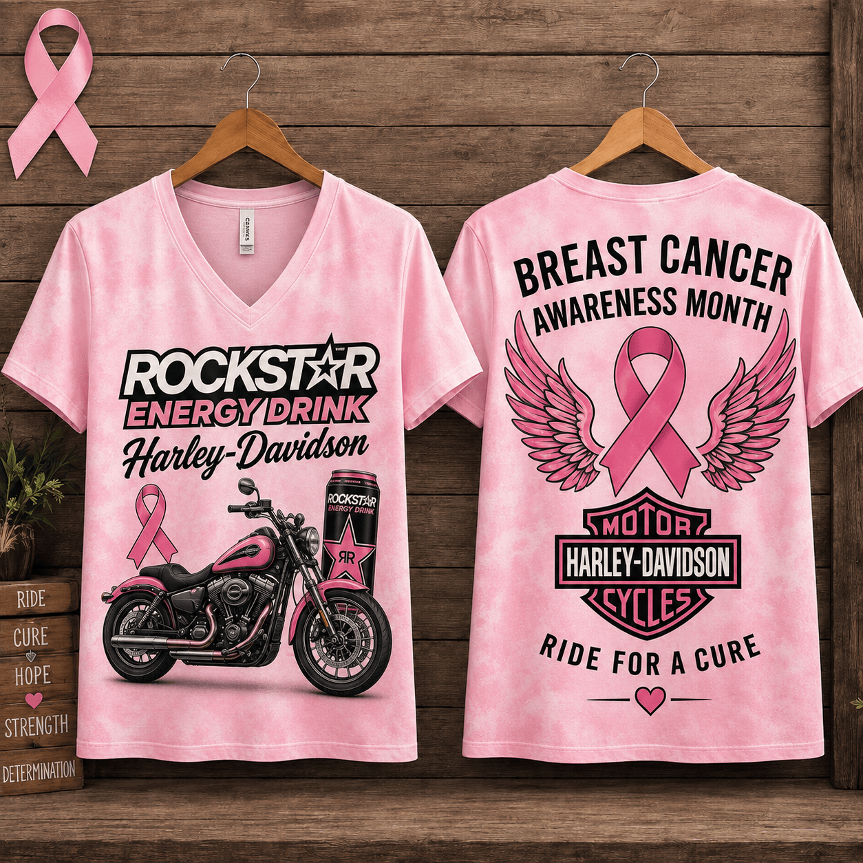 Star Energy Can Pink Ribbon Motorcycle Breast Cancer Awareness V-Neck NTH1