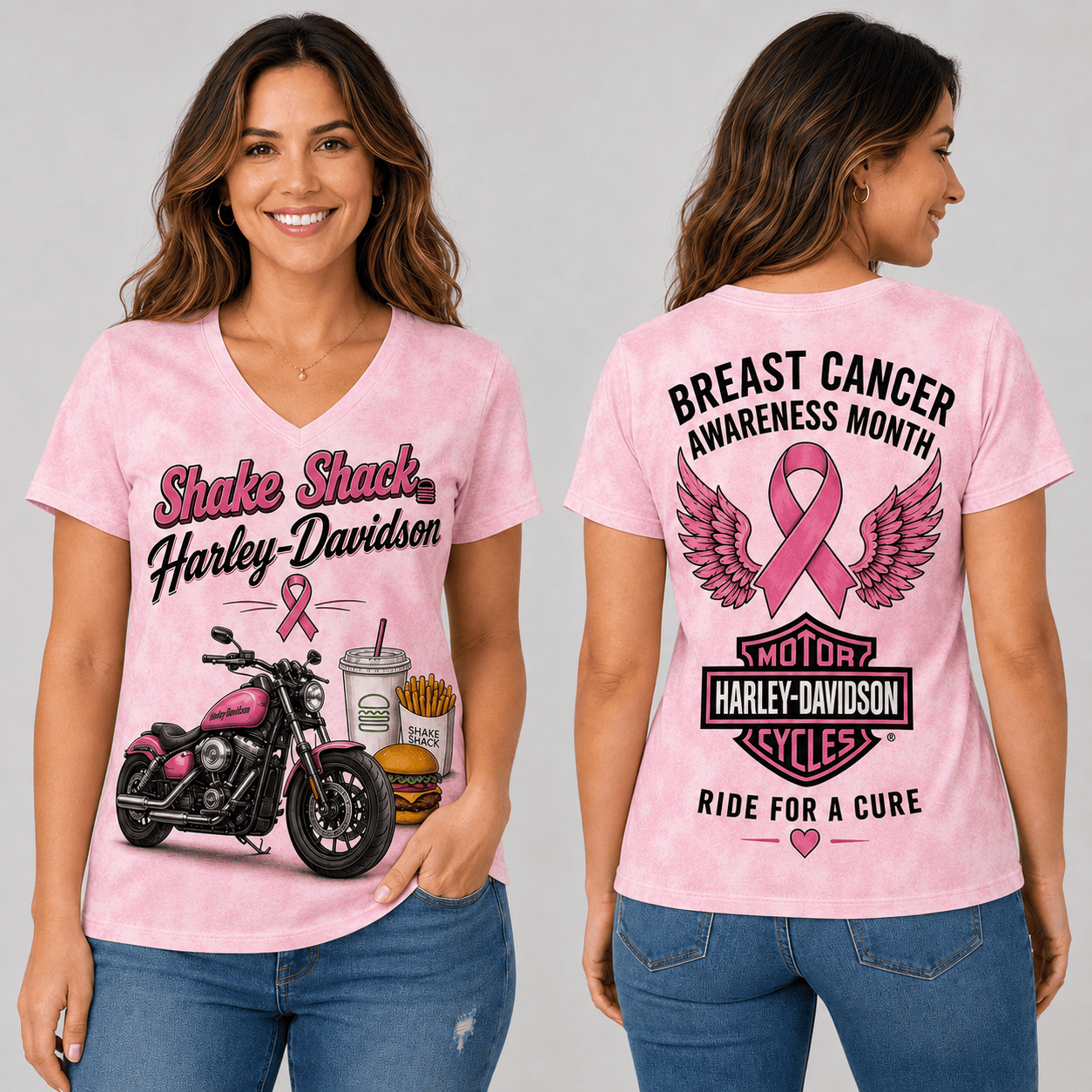 Burger Fries Shake Pink Ribbon Motorcycle Breast Cancer Awareness V-Neck NTH1