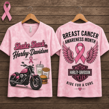 Burger Fries Shake Pink Ribbon Motorcycle Breast Cancer Awareness V-Neck NTH1