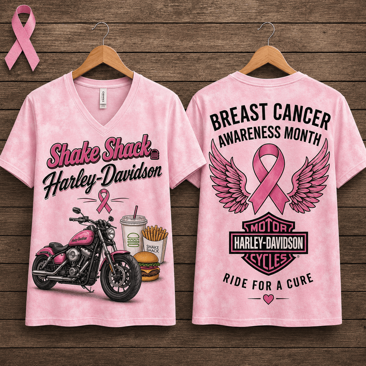 Burger Fries Shake Pink Ribbon Motorcycle Breast Cancer Awareness V-Neck NTH1