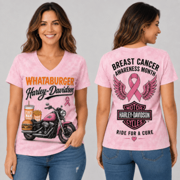 Burger Fries Cup Pink Ribbon Motorcycle Breast Cancer Awareness V-Neck NTH1