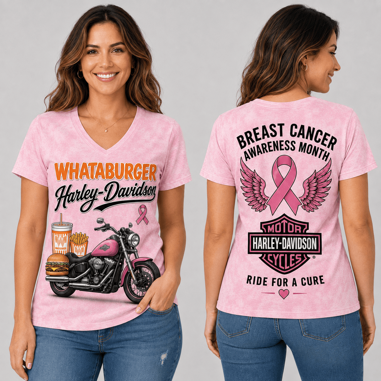 Burger Fries Cup Pink Ribbon Motorcycle Breast Cancer Awareness V-Neck NTH1