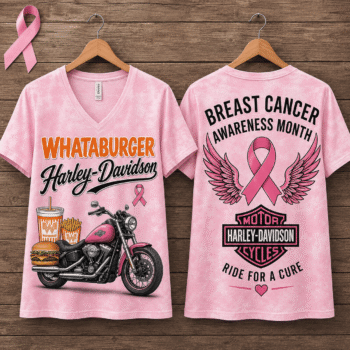 Burger Fries Cup Pink Ribbon Motorcycle Breast Cancer Awareness V-Neck NTH1