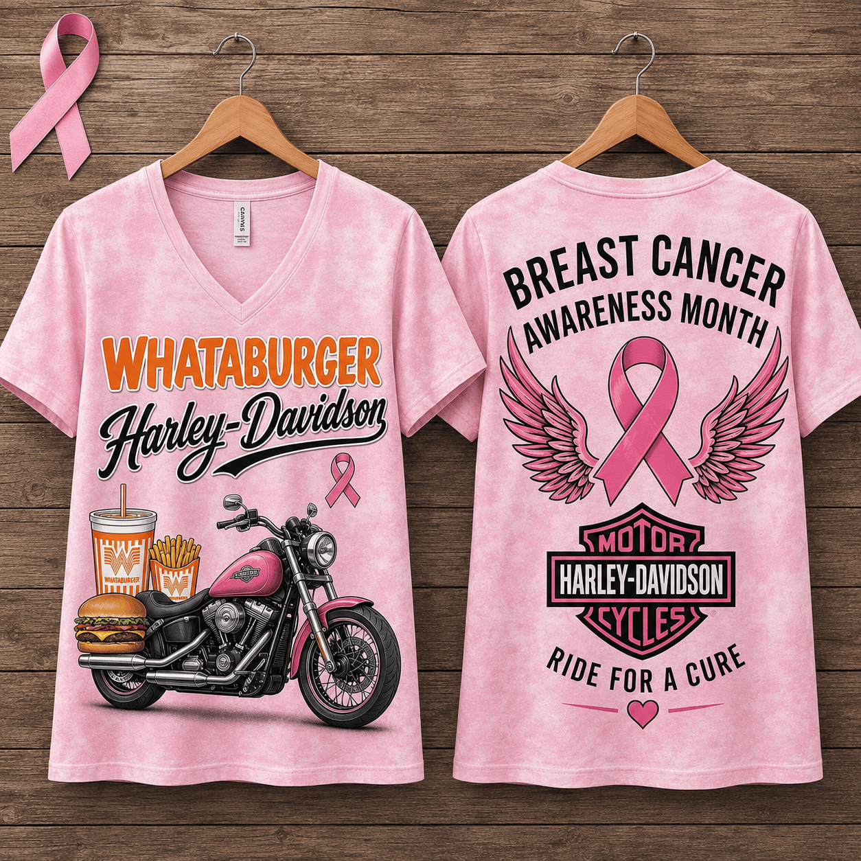 Burger Fries Cup Pink Ribbon Motorcycle Breast Cancer Awareness V-Neck NTH1