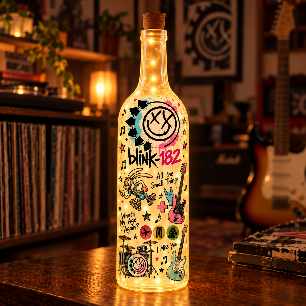 Blink-182 Lighted Bottle Lamp, Pop Punk LED Bottle Decor, Blink 182 Fan Gift, Music Room Night Light, Rock Band Home Decor