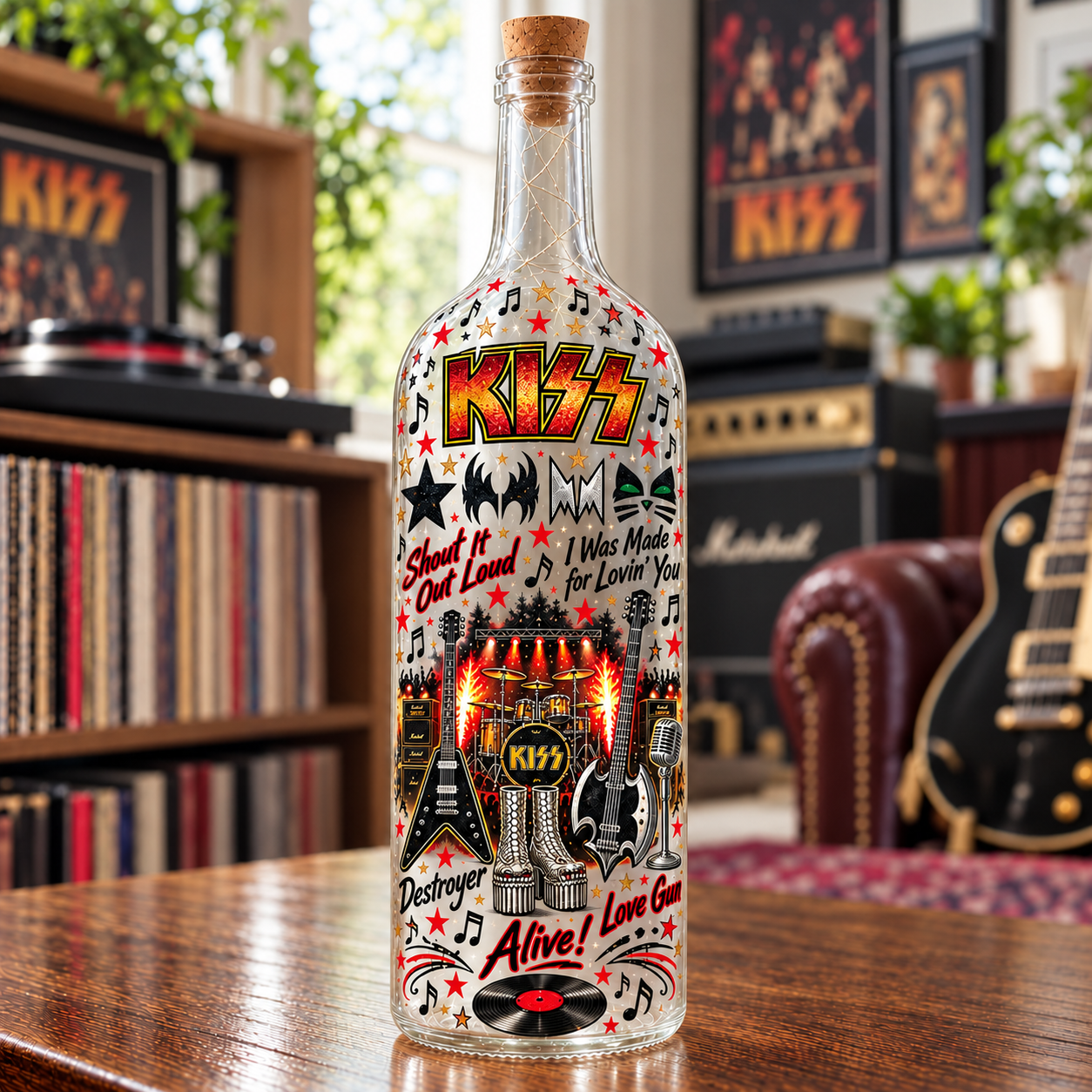 KISS Lighted Bottle Lamp, Rock and Roll All Nite Decor, Classic Rock LED Bottle Light, KISS Fan Gift, Music Room Night Light