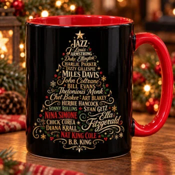 Jazz Legends Christmas Tree Coffee Mug – Miles Davis Louis Armstrong Ella Fitzgerald Ceramic Cup