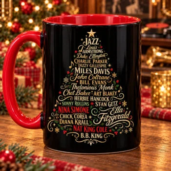 Jazz Legends Christmas Tree Coffee Mug – Miles Davis Louis Armstrong Ella Fitzgerald Ceramic Cup