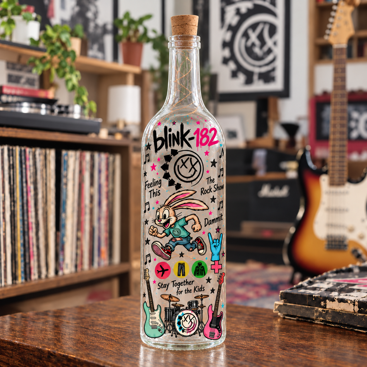 Blink-182 Lighted Bottle Lamp, Pop Punk LED Bottle Decor, Blink 182 Fan Gift, Music Room Night Light, Rock Band Home Decor