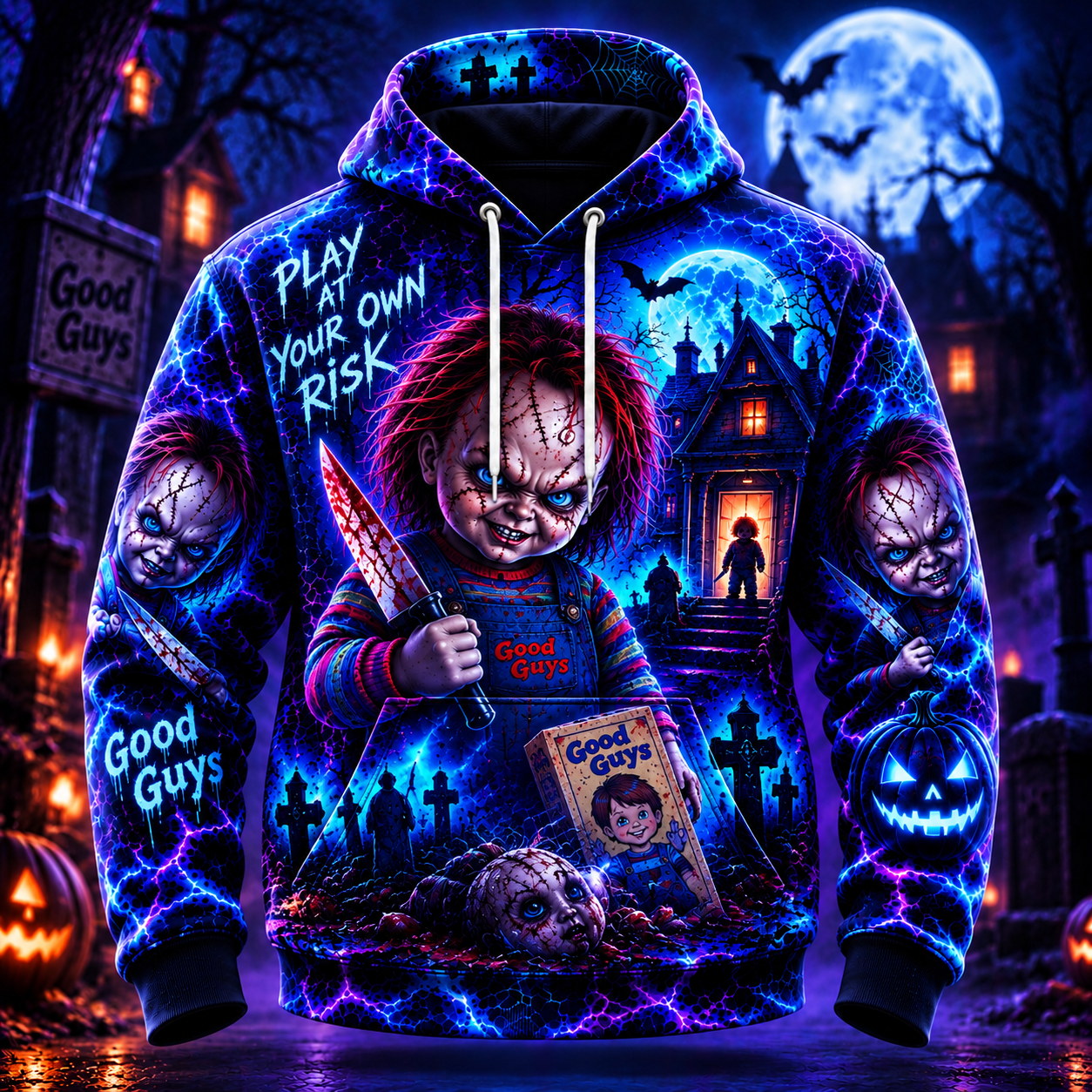46b54e62 3c0c 41b1 94d1 bf766f651838.png Halloween Neon Chucky AOP T-Shirt Sweatshirt Hoodie