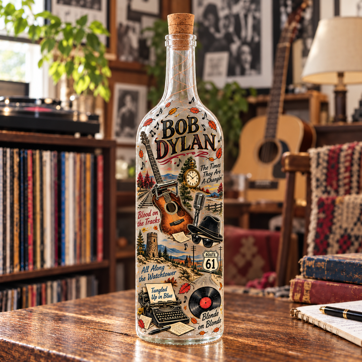 Bob Dylan Lighted Bottle Lamp, Folk Rock LED Bottle Decor, Bob Dylan Fan Gift, Music Room Night Light, Vintage Music Home Decor