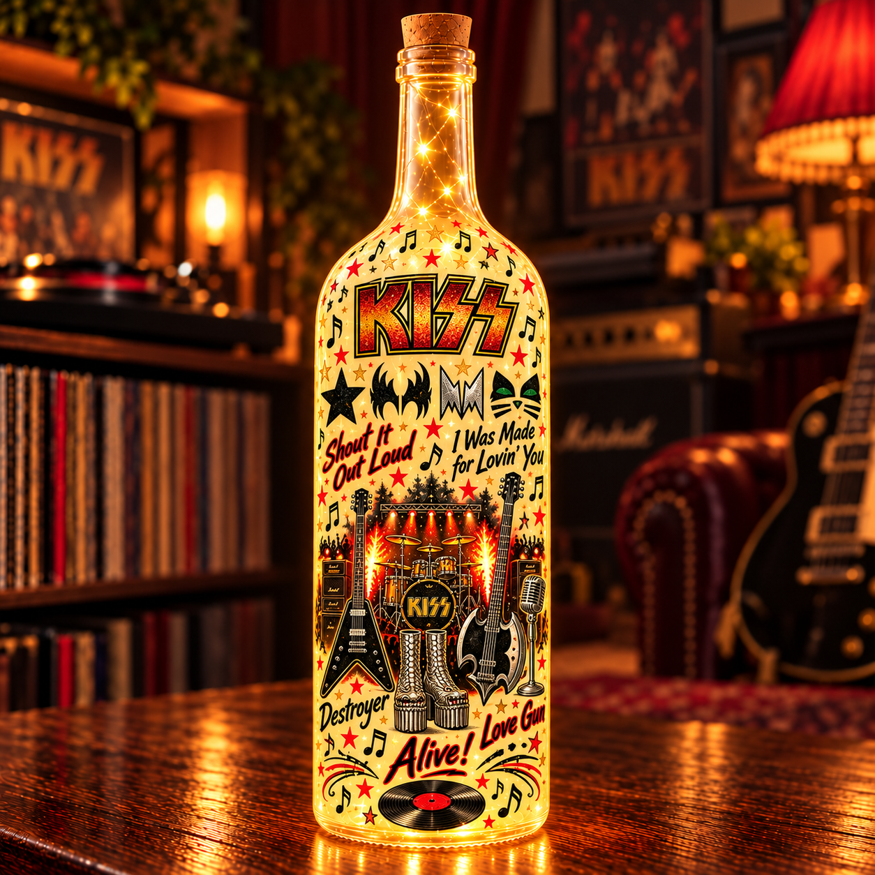 KISS Lighted Bottle Lamp, Rock and Roll All Nite Decor, Classic Rock LED Bottle Light, KISS Fan Gift, Music Room Night Light
