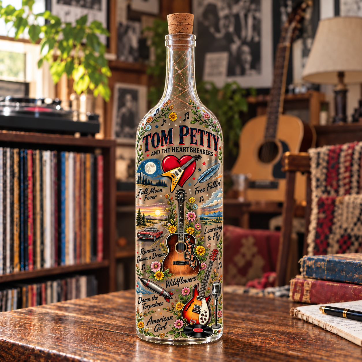 Tom Petty Lighted Bottle, Tom Petty and The Heartbreakers Lamp, Music Bottle Light, Classic Rock Fan Gift, Music Room Decor