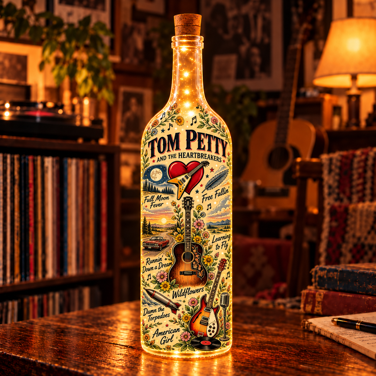Tom Petty Lighted Bottle, Tom Petty and The Heartbreakers Lamp, Music Bottle Light, Classic Rock Fan Gift, Music Room Decor