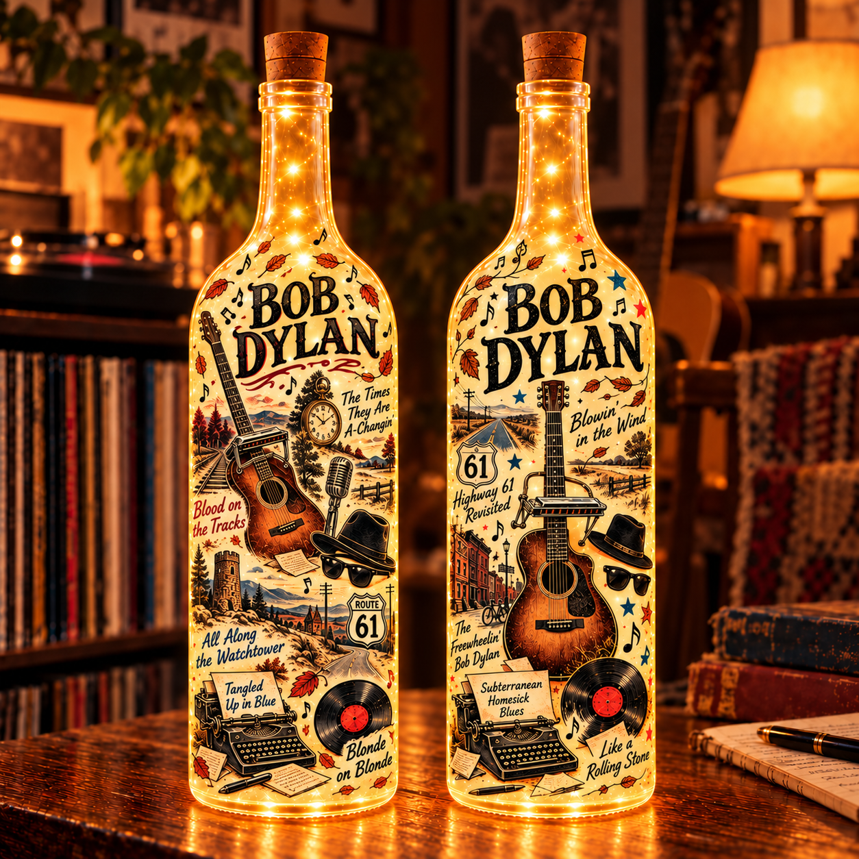 Bob Dylan Lighted Bottle Lamp, Folk Rock LED Bottle Decor, Bob Dylan Fan Gift, Music Room Night Light, Vintage Music Home Decor