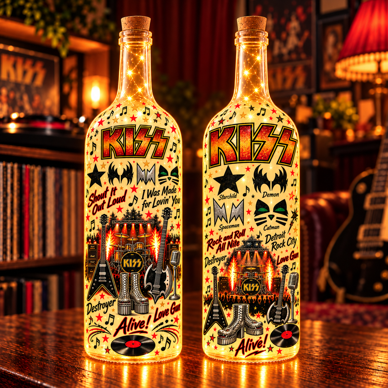 KISS Lighted Bottle Lamp, Rock and Roll All Nite Decor, Classic Rock LED Bottle Light, KISS Fan Gift, Music Room Night Light