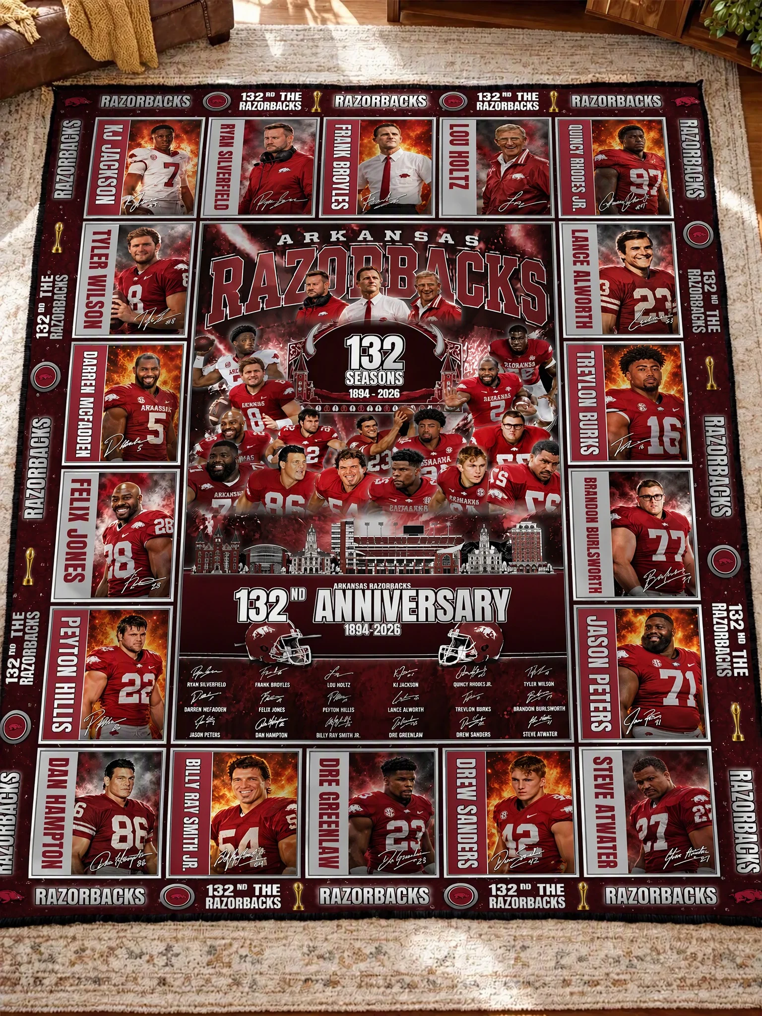 arkansas razorbacks 132nd anniversary legends legacy quilt blanket 1.jpg Arkansas Razorbacks 132nd Anniversary Legends & Legacy Quilt Blanket – 1894–2026