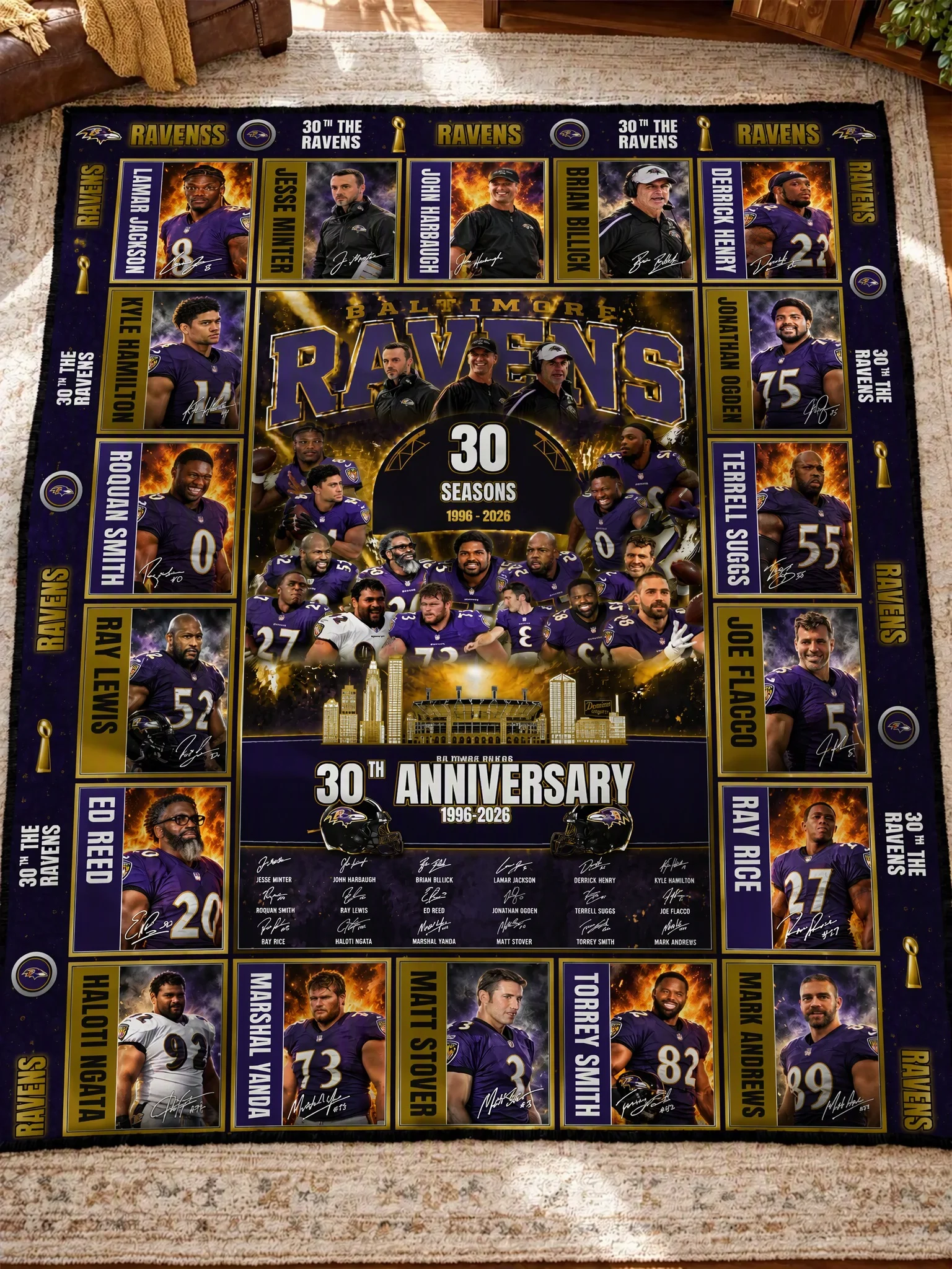 baltimore ravens 30th anniversary legends legacy quilt blanket 1.jpg Baltimore Ravens 30th Anniversary Legends & Legacy Quilt Blanket – 1996–2026