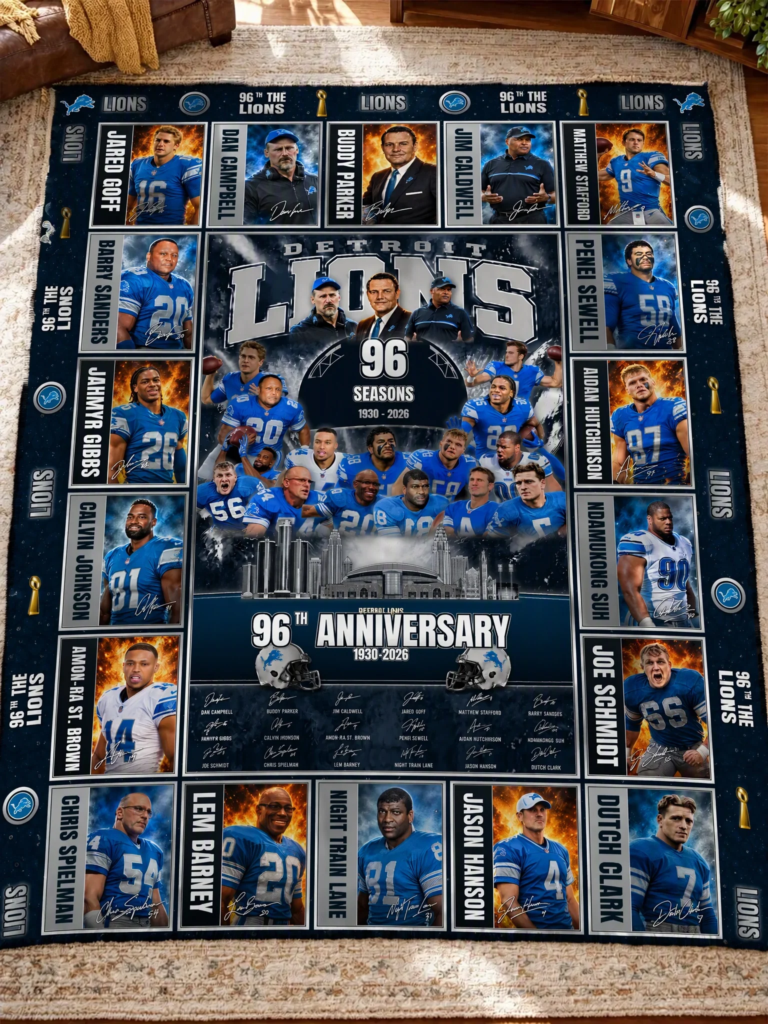 Detroit Lions 96th Anniversary Legends & Legacy Quilt Blanket – 1930–2026