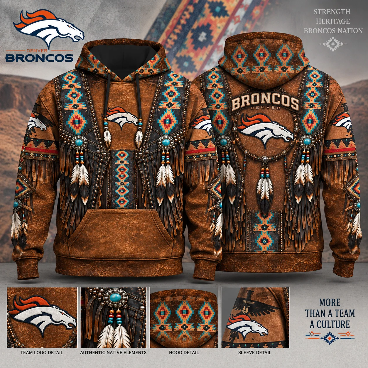 Denver Broncos Heritage Hoodie, Western Native Inspired Football Hoodie, Broncos Fan Gift