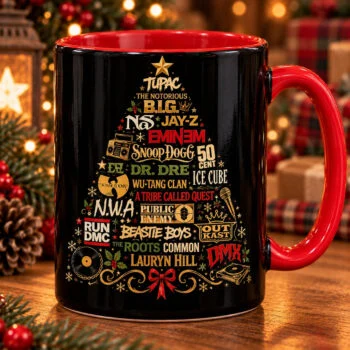 Hip Hop Legends Christmas Tree Coffee Mug – 90s Rap Icons & Old School Boombox Holiday Accent Cup